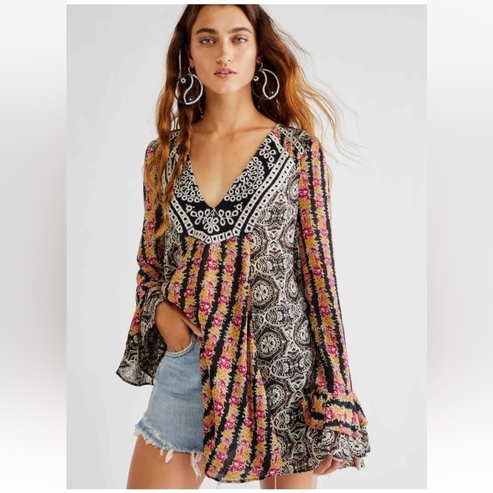 Free People Falling Into You Long Sleeve Floral Embroidered Blouse